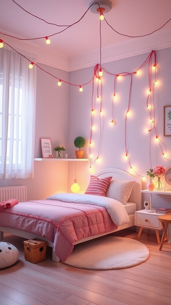 A cozy bedroom with pink hues, fairy lights, and a soft rug, creating a whimsical atmosphere.
