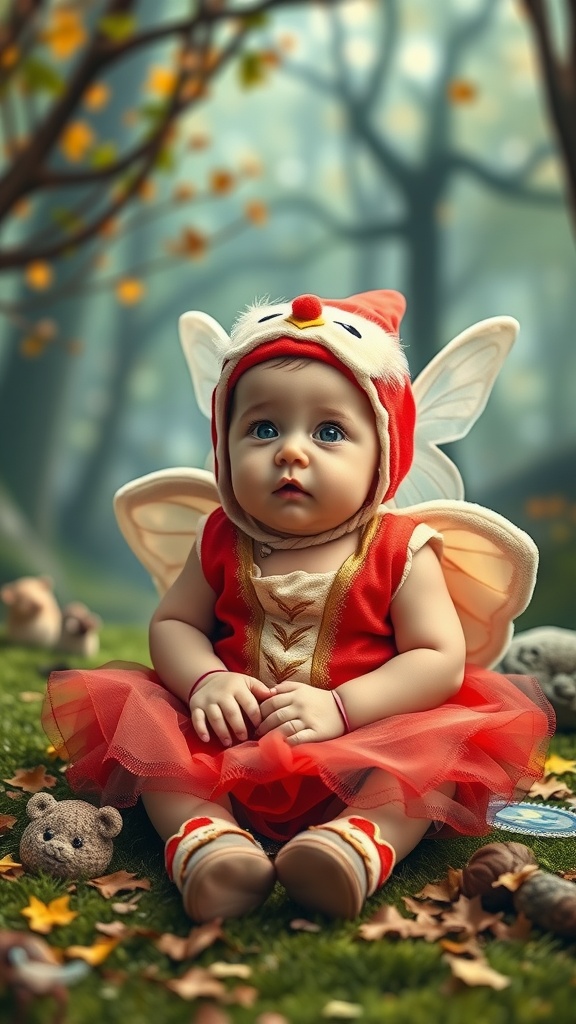 A baby dressed as a fairy with wings, sitting in a forest setting