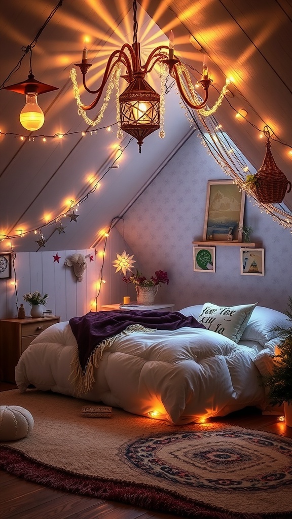 A cozy attic bedroom with fairy tale decor, featuring warm lighting, soft bedding, and whimsical elements.