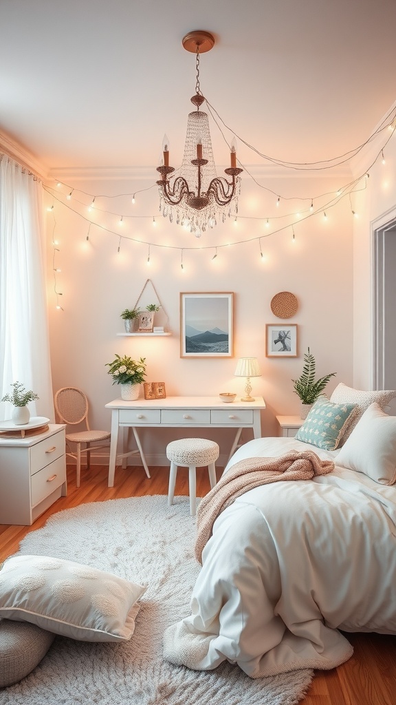 A cozy bedroom with soft lighting, a chandelier, and a fluffy rug, creating a whimsical atmosphere.