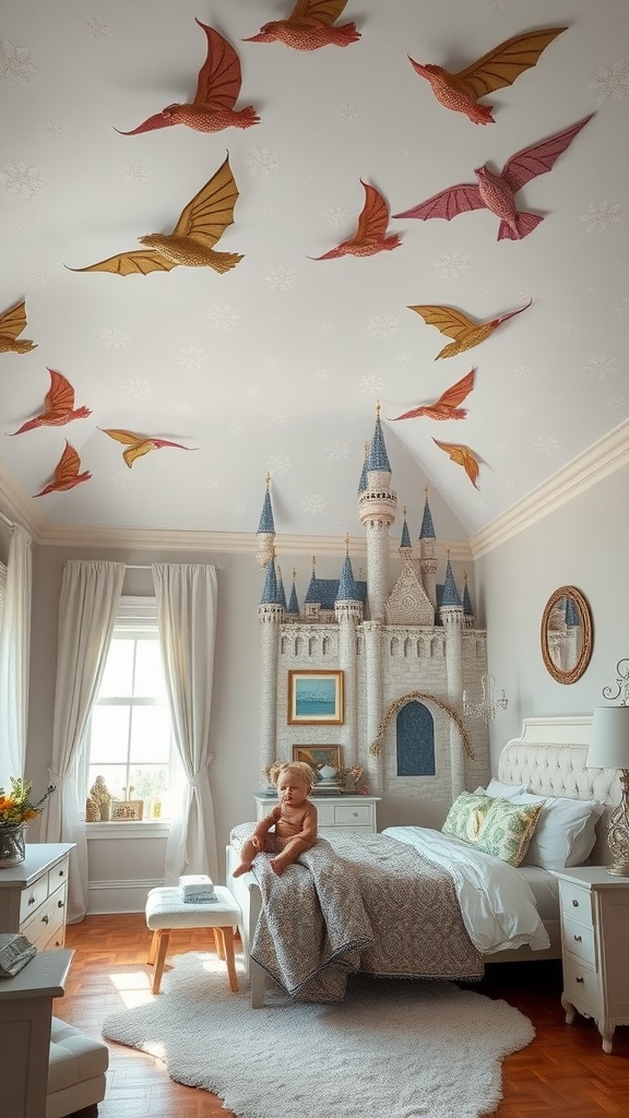 A whimsical bedroom with a painted ceiling featuring colorful birds, a castle mural, and cozy decor.