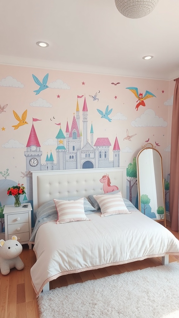 A colorful fairy tale mural depicting a castle, birds, and a unicorn in a bedroom setting