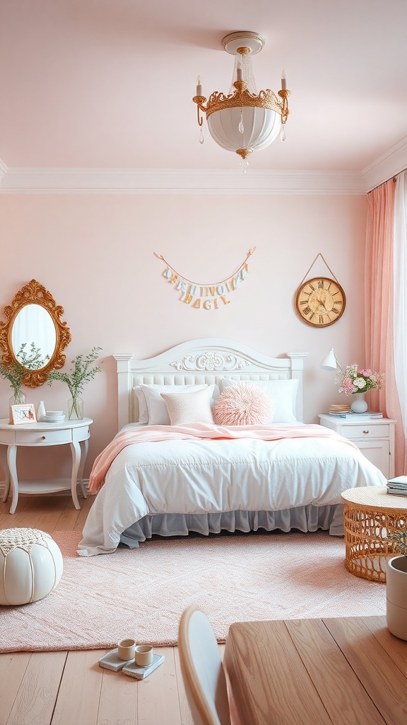 A whimsical bedroom with pink walls, elegant chandelier, cozy bed, and charming decor.