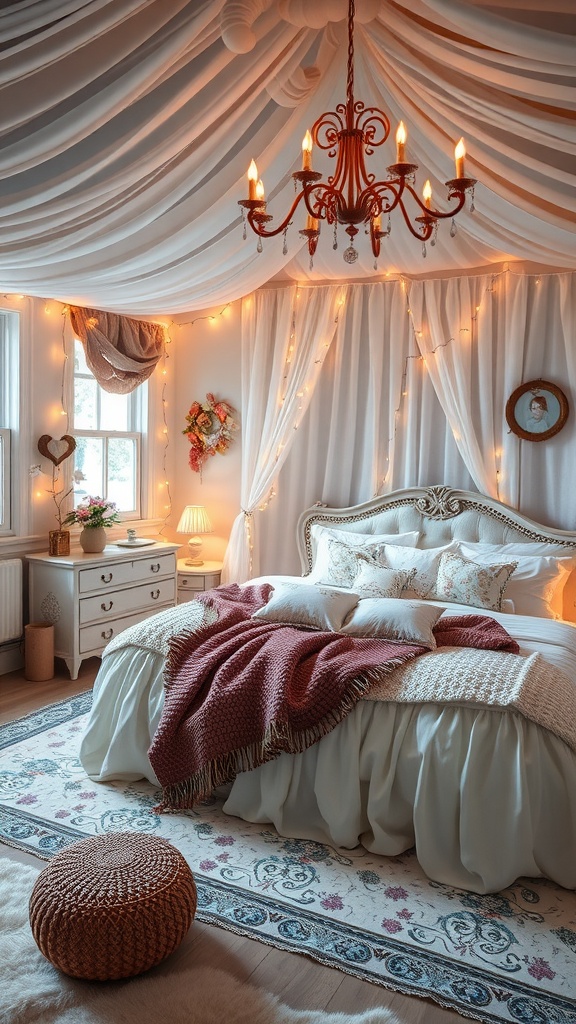A beautifully decorated teen bedroom with a whimsical fairy tale theme, featuring a draped ceiling, elegant chandelier, fairy lights, plush bedding, and cozy decor.