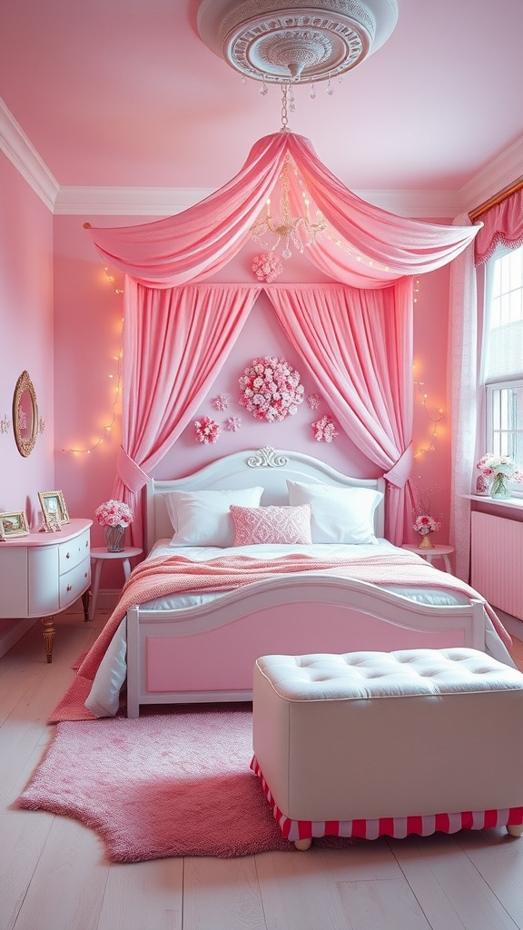 A whimsical pink bedroom featuring a bed with draped fabric, fairy lights, and floral decorations.