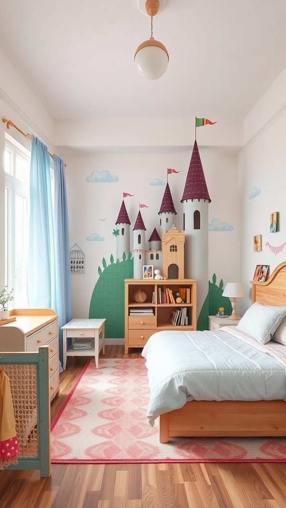 A whimsical preschooler bedroom featuring a castle mural, soft bedding, and playful furniture.