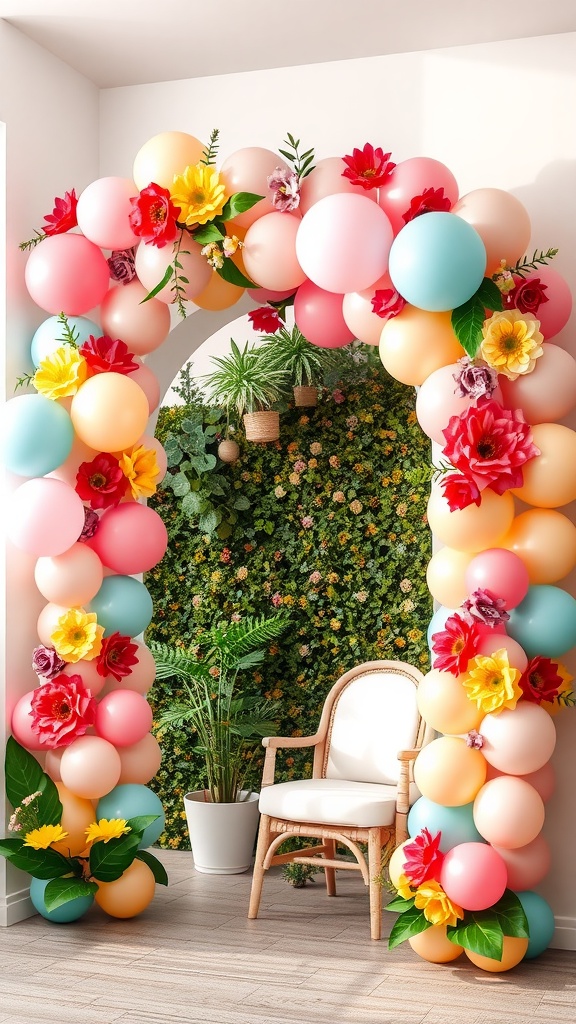 A colorful balloon arch with floral accents, set in a bright room with a chair.