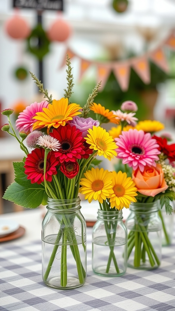 Colorful floral arrangements in mason jars on a checkered tablecloth for a baby shower.