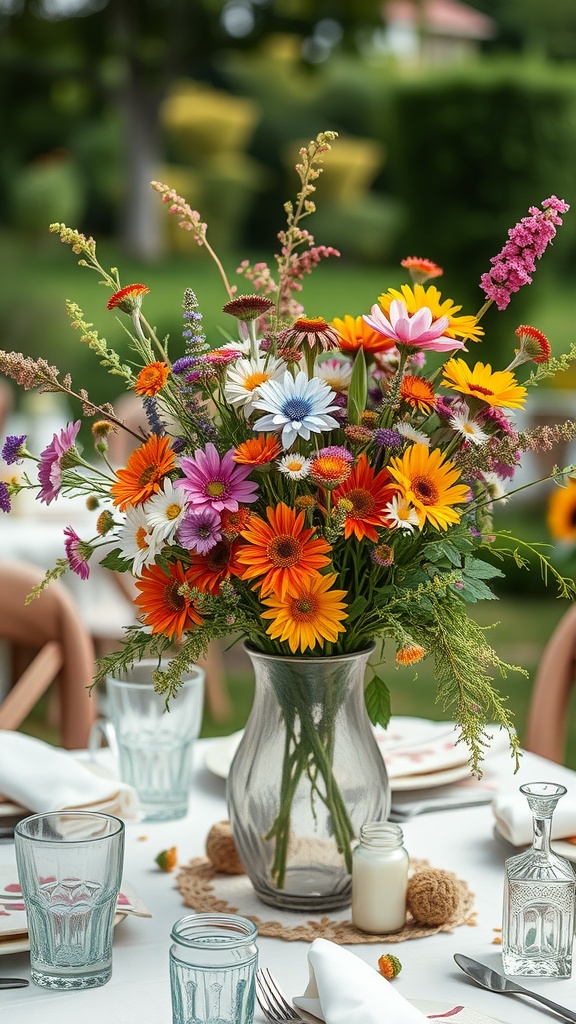 A vibrant floral centerpiece with orange, purple, and pink flowers in a clear vase on a table.