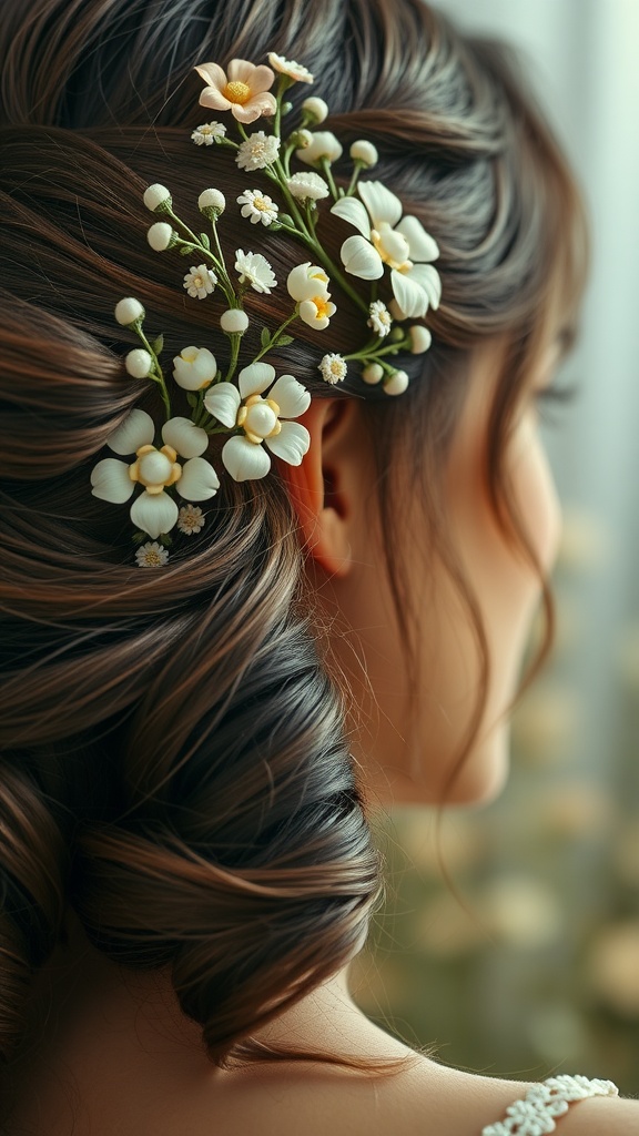 A close-up of a hairstyle featuring whimsical floral hair combs, with delicate flowers accenting flowing curls.