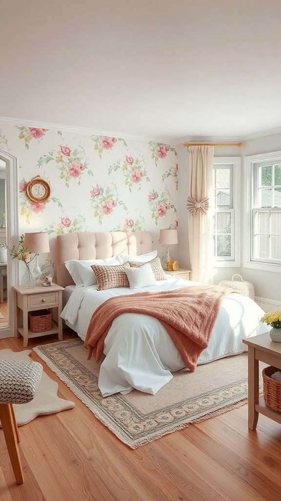 A cozy bedroom featuring whimsical floral wallpaper with pink and green flowers, a light-colored bed, and soft textiles.