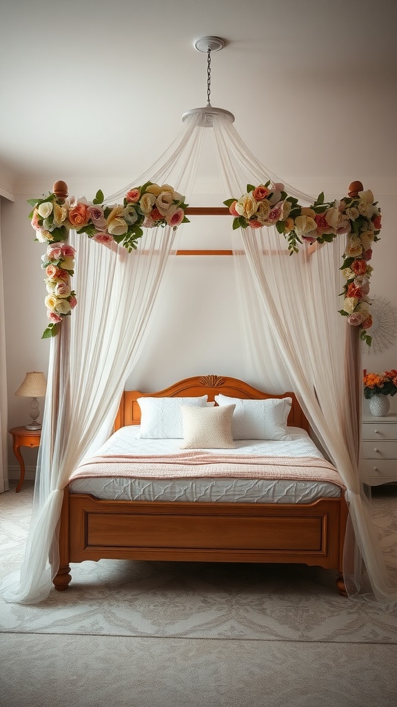 A bedroom with a flower canopy over a bed, featuring soft drapes and colorful floral arrangements.