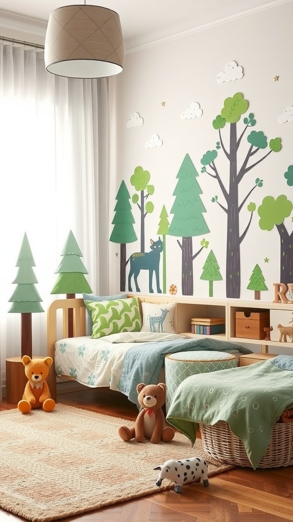 A cozy kids bedroom with a whimsical forest theme, featuring tree decals, plush toys, and a natural rug.