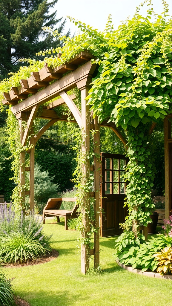 A wooden arbor covered in green foliage, with a bench nearby in a lush garden.