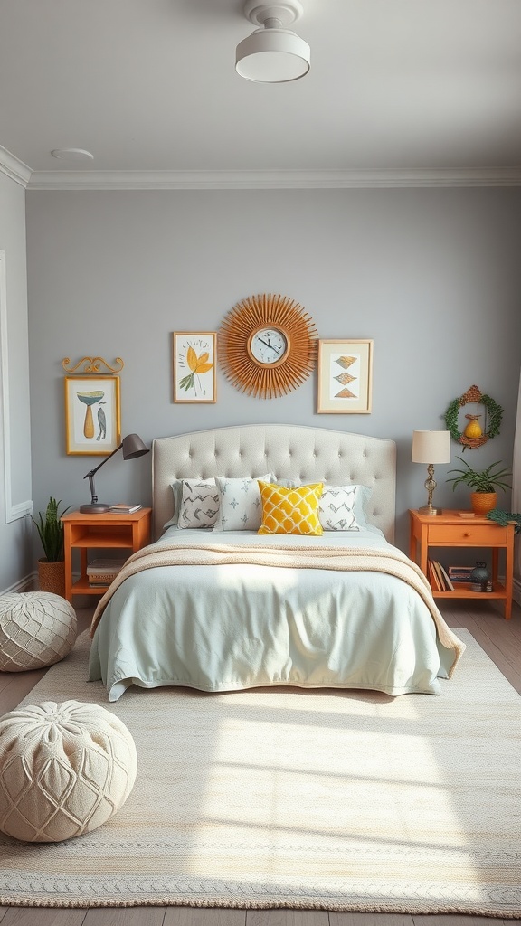 A whimsical gray bedroom featuring a mint coverlet, orange nightstands, and playful decor.