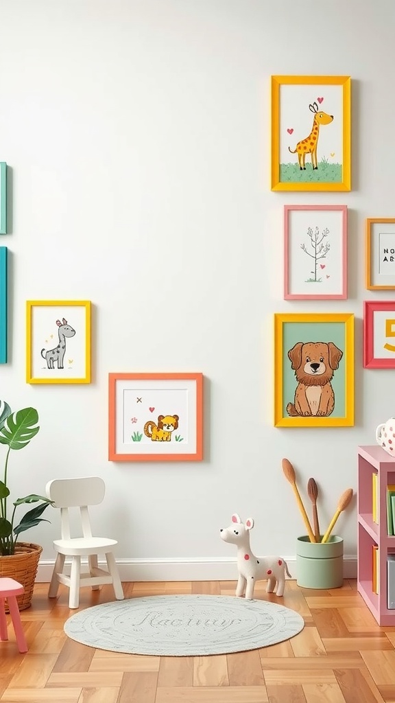 A collection of whimsical animal illustrations framed in bright colors on a wall, showcasing a playful interior design.