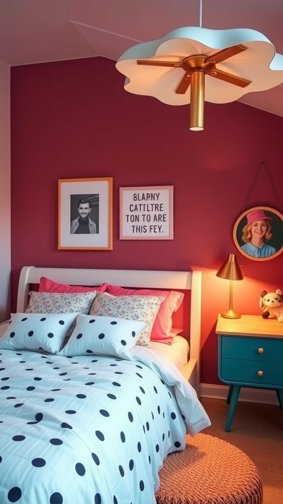 A preppy bedroom featuring whimsical lighting fixtures, including a cloud-shaped ceiling light and a stylish bedside lamp.