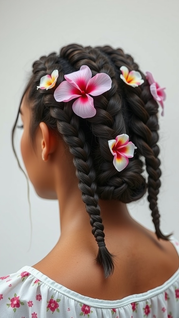 A close-up of medium knotless braids adorned with pink and yellow flowers, showcasing a playful and vibrant hairstyle.