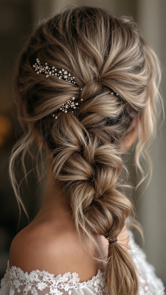 A whimsical messy braid hairstyle adorned with sparkling accessories, showcasing a half up, half down style.