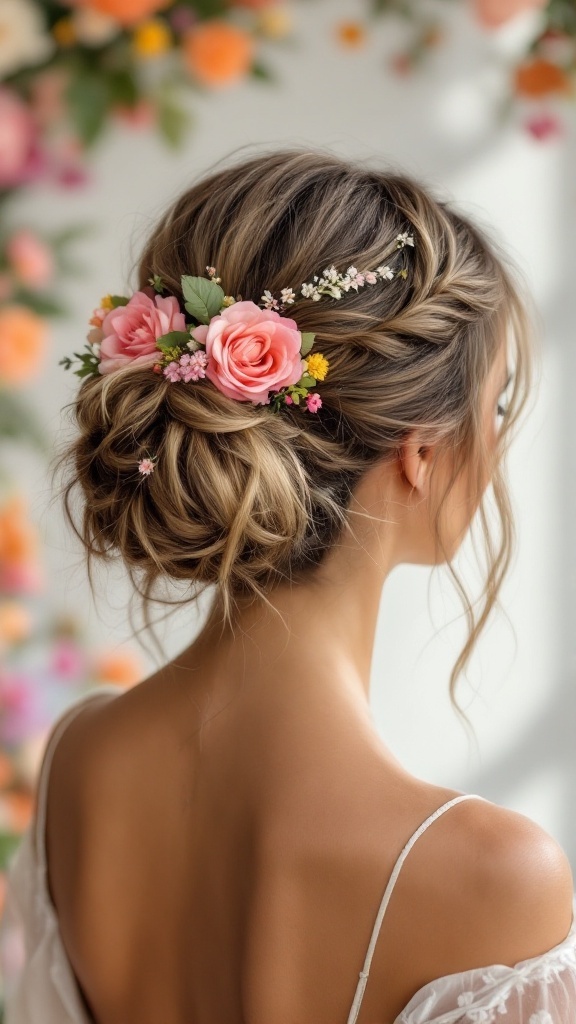 A beautiful messy bun hairstyle adorned with colorful flowers, perfect for a wedding.