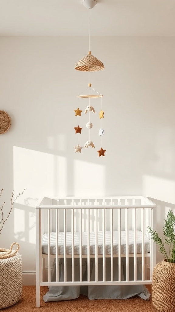 A neutral nursery featuring a whimsical mobile with stars and soft animal shapes above a crib.