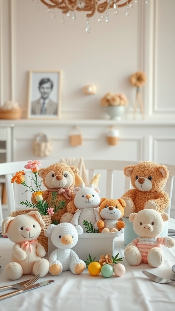 Whimsical nursery-themed table centerpiece with plush toys and flowers