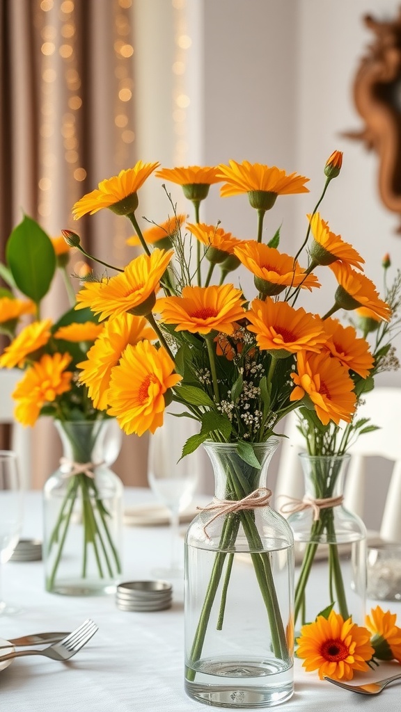Bright orange flower arrangements in glass vases for a baby shower.