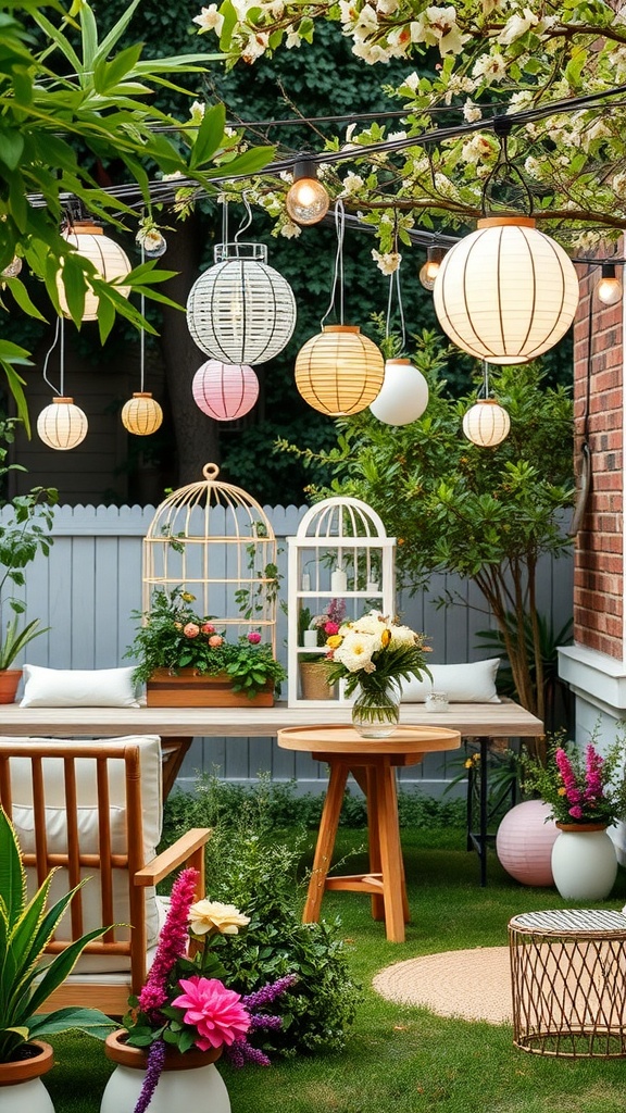A beautifully decorated backyard for a baby shower, featuring hanging lanterns, floral arrangements, and comfortable seating.