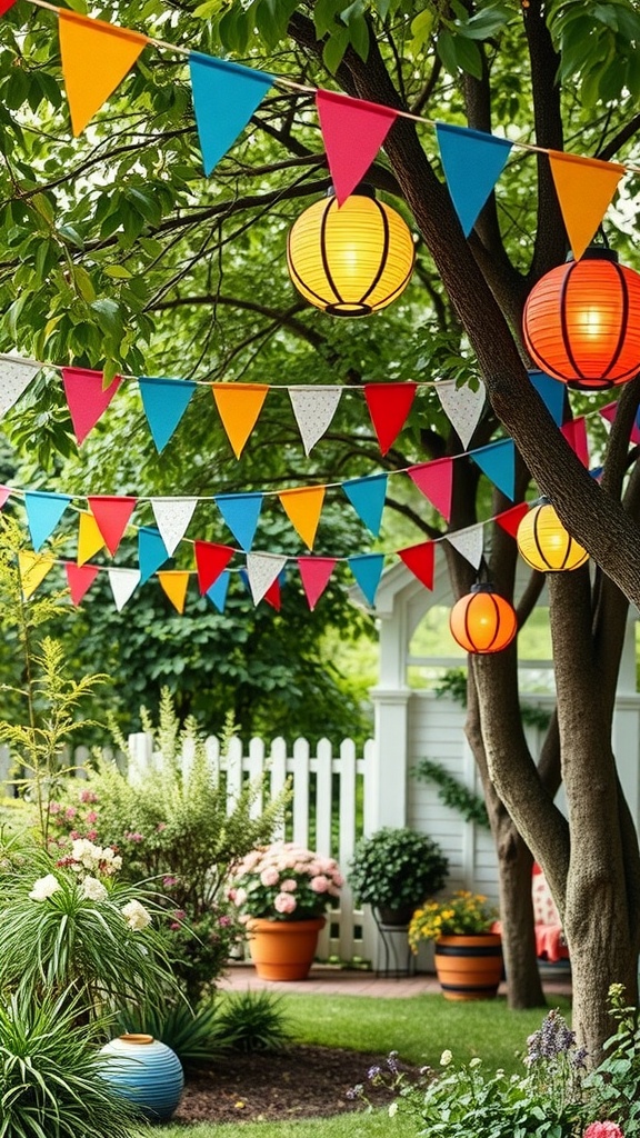 Colorful outdoor decorations with bunting and lanterns in a garden setting