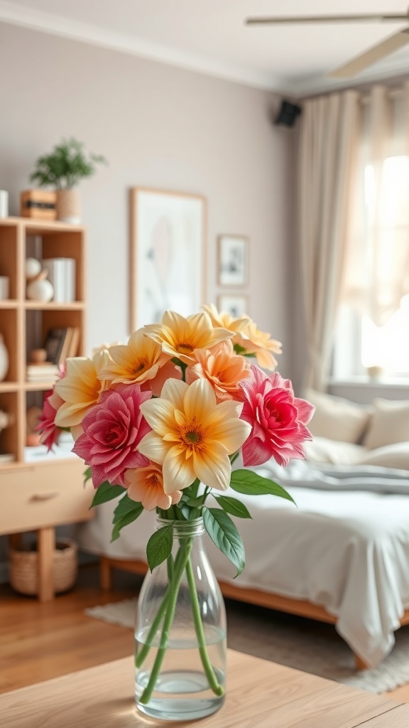 A vibrant bouquet of paper flowers in a clear vase on a wooden table, adding color to a cozy room.