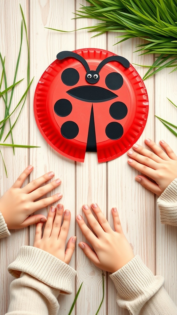 A bright red paper plate designed as a ladybug with black spots, surrounded by hands and green leaves.