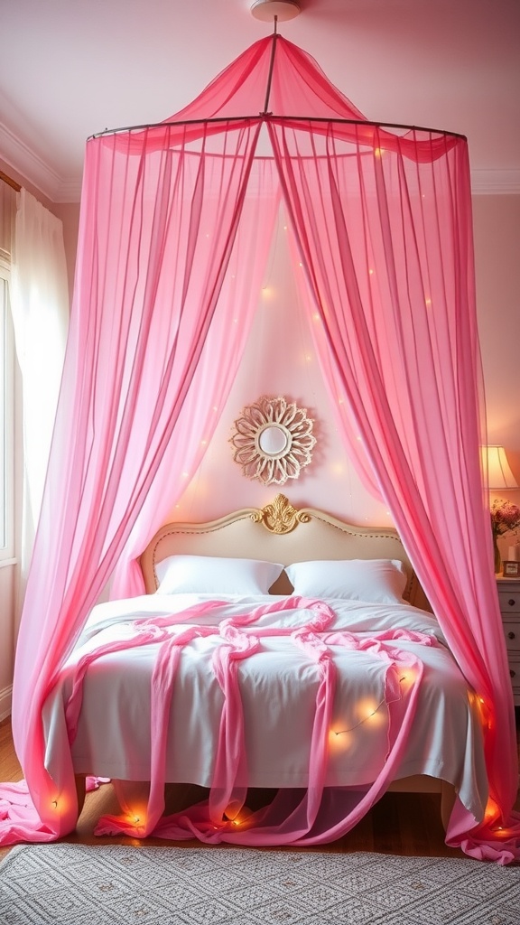 A pink canopy draped over a bed with fairy lights, creating a cozy and whimsical atmosphere.