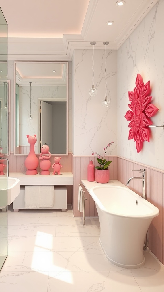 A luxurious bathroom featuring pink decorative touches, including pink figurines, wall art, and soft lighting.