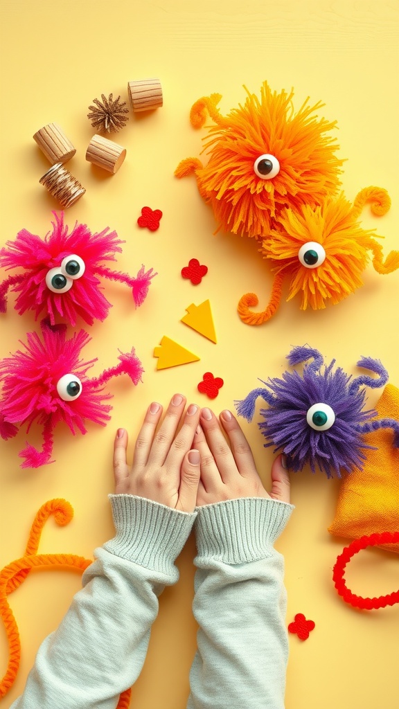 Colorful pipe cleaner monsters with googly eyes and crafting materials.