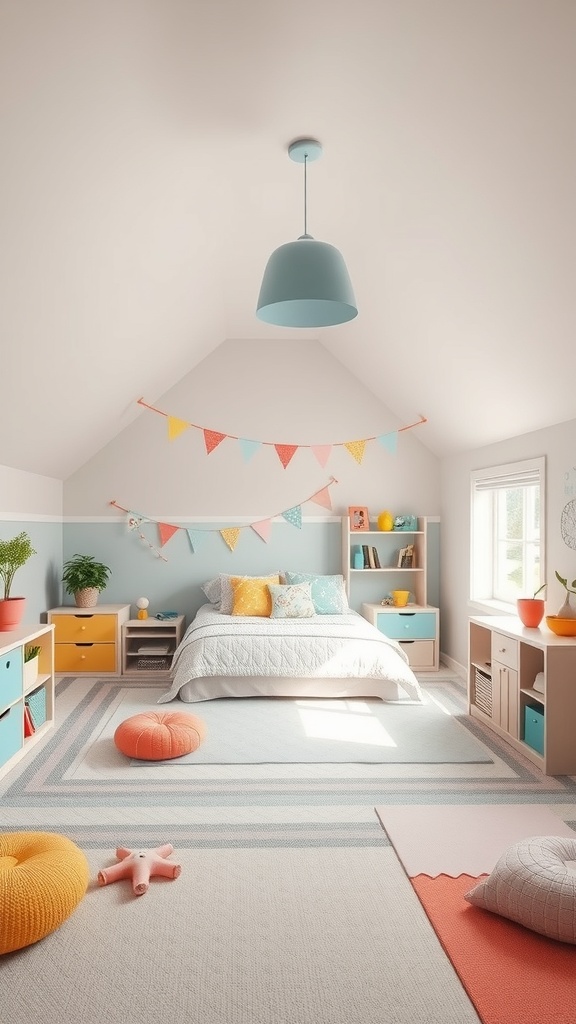 A colorful children's bedroom with a sloped ceiling, featuring a cozy bed, playful decor, and a soft rug for play.