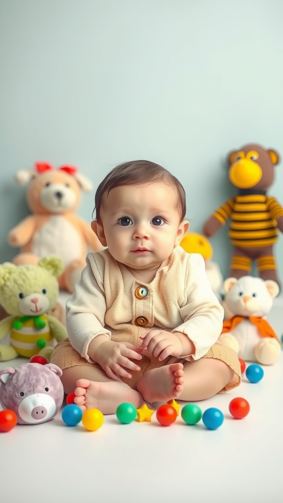 A baby sitting among colorful balls and plush toys, smiling at the camera.
