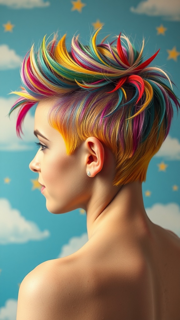 A close-up of a person with a colorful pixie cut, featuring a blend of vibrant colors against a cheerful backdrop.