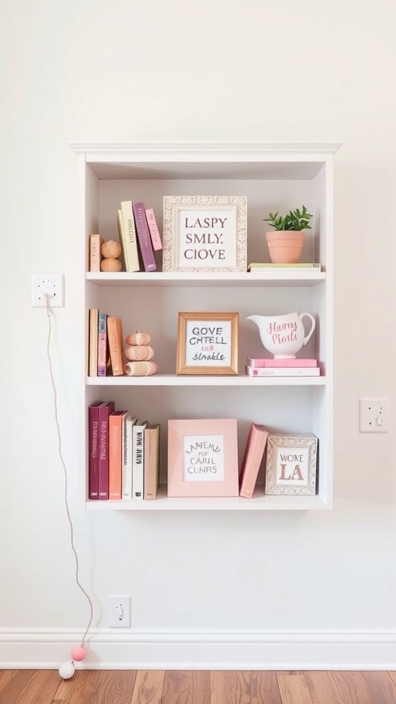 A whimsical white shelf filled with colorful books, decorative items, and playful signs.