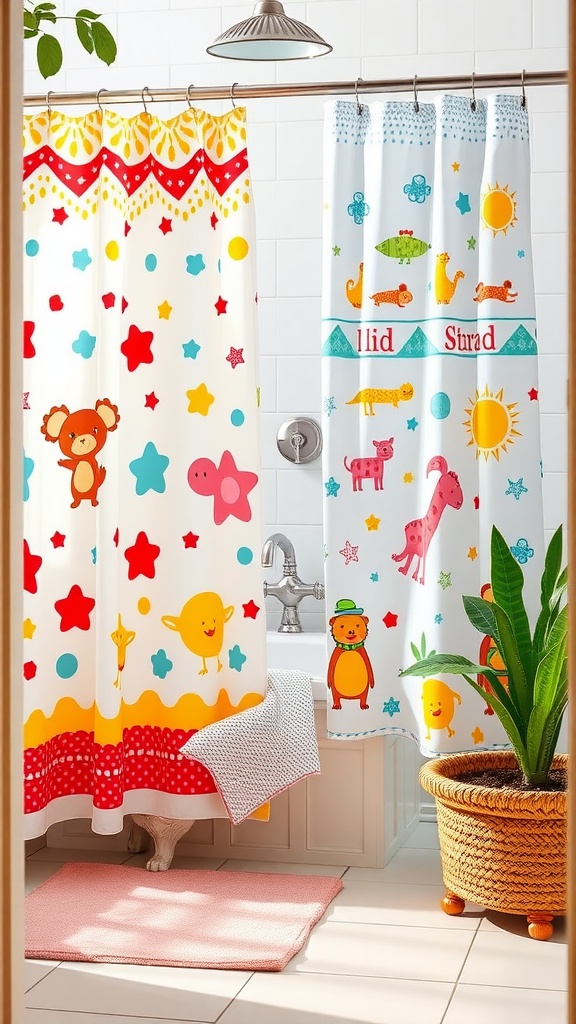 Colorful shower curtains with playful animal designs in a kids' bathroom.