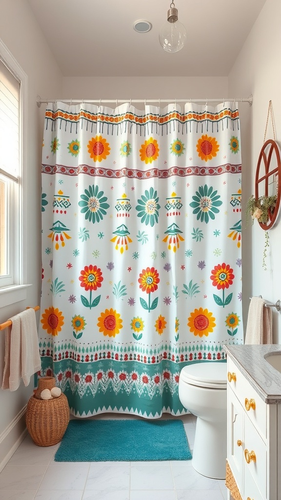 A colorful shower curtain with floral patterns in a bright bathroom setting.
