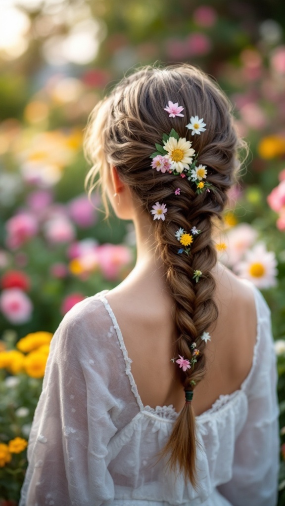 A close-up of a woman's hair styled in a whimsical side braid decorated with small colorful flowers, set against a backdrop of blooming flowers.