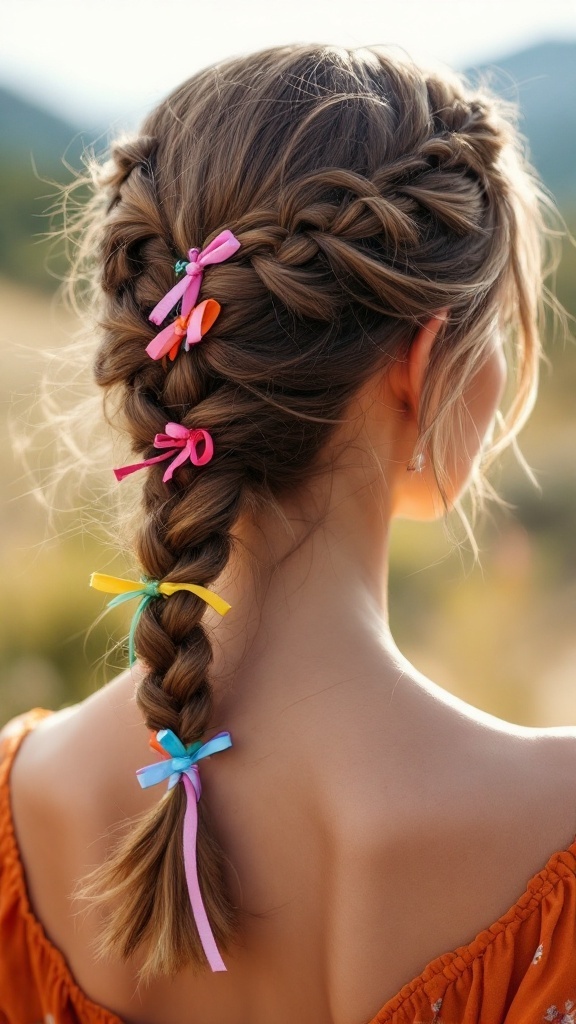 A side braid adorned with colorful ribbons, showcasing a whimsical hairstyle for bridesmaids.