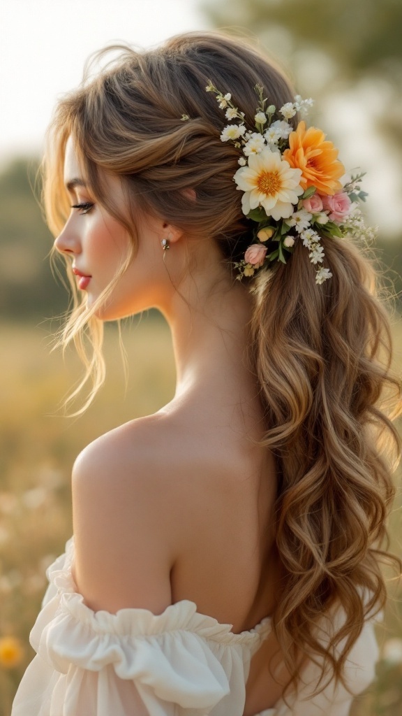 A woman with a side ponytail adorned with flowers, showcasing a romantic hairstyle.