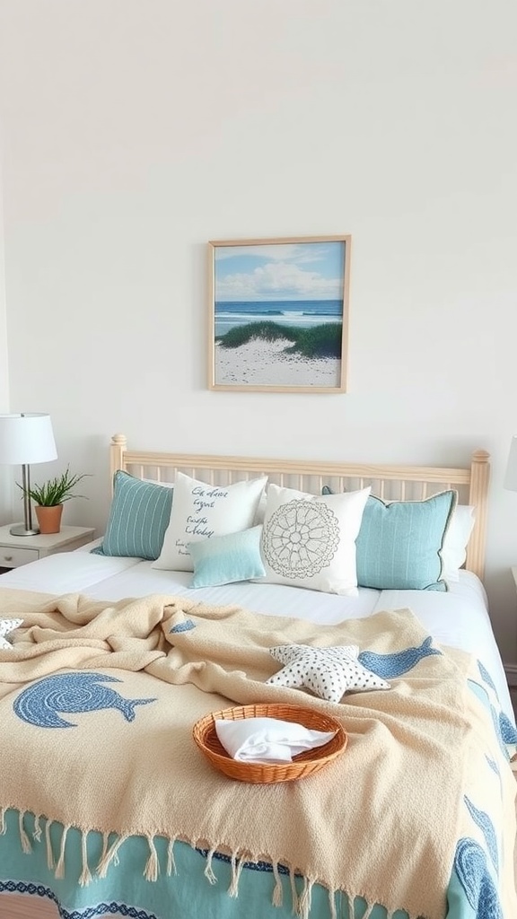A beach-themed bedroom with soft furnishings including a beige blanket with whale designs, colorful throw pillows, and a woven basket.