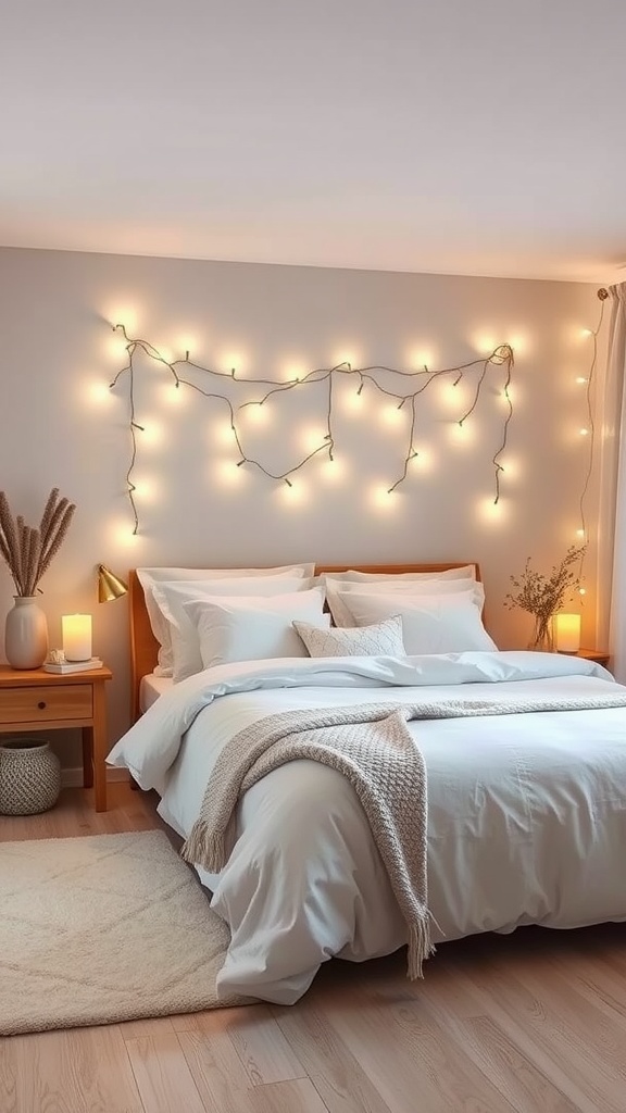Cozy winter bedroom with string lights illuminating the wall above the bed