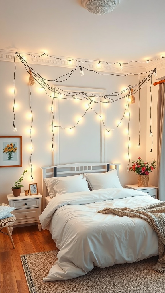 A cozy bedroom with whimsical string lights draped on the wall, featuring white bedding and wooden furniture.