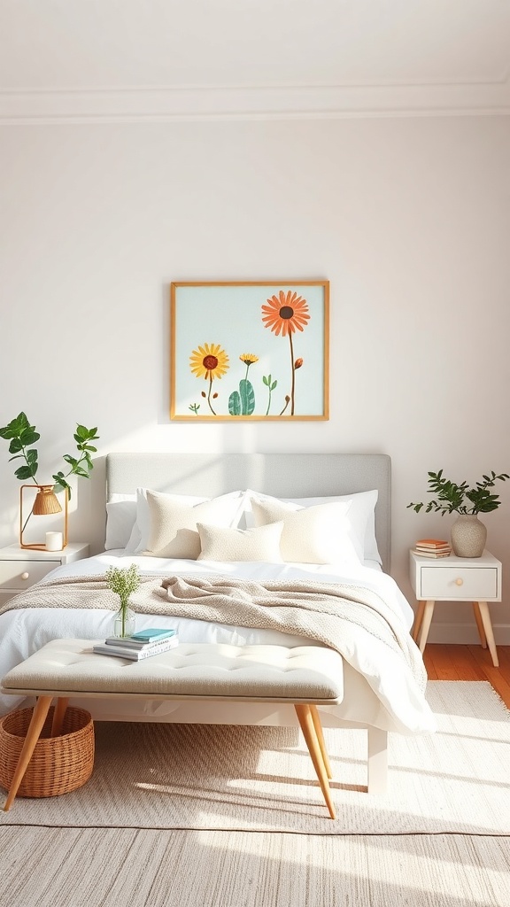 A bright and cheerful bedroom featuring whimsical summer artwork of flowers and a cactus.