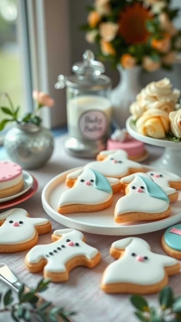 A table setup featuring whimsical themed cookies shaped like bunnies and other cute animals for a baby shower.