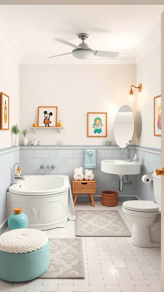 A whimsical kids bathroom featuring playful decor, colorful accessories, and character illustrations.