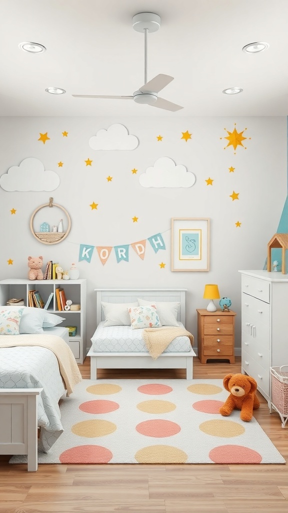 A whimsical kindergarten bedroom featuring playful clouds and stars on the walls, two beds, a colorful rug, and a cozy atmosphere.